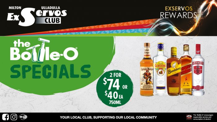 Captain Morgan Spiced Rum, Gordon’s Dry Gin, Bundaberg Rum, Johnnie Walker Red Label or Smirnoff Vodka