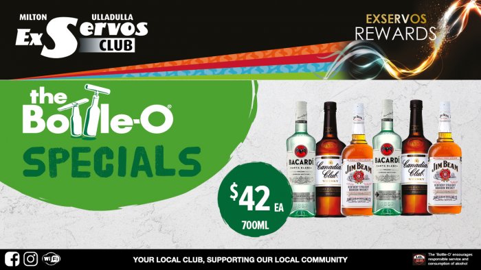 Bacardi, Canadian Club or Jim Beam Bourbon