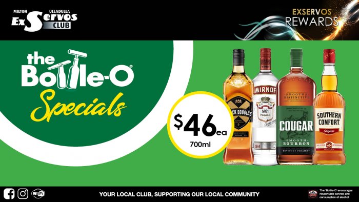Black Douglas Scotch, Smirnoff Vodka, Cougar Bourbon or Southern Comfort