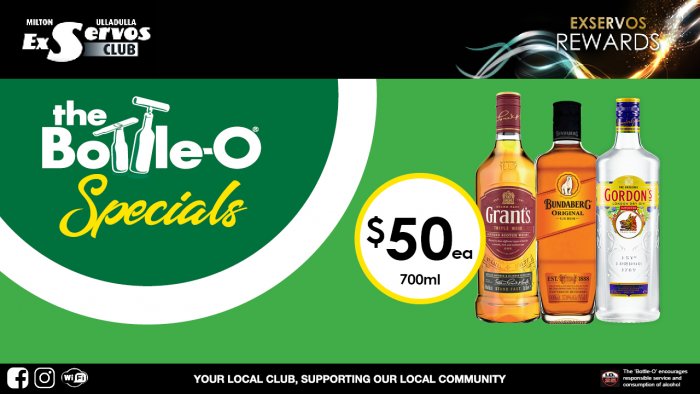 Grant’s Scotch, Bundaberg Rum or Gordon’s Gin