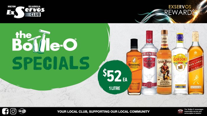 Bundaberg Rum, Smirnoff Vodka, Captain Morgan Spiced Rum, Gordon’s Dry Gin or Johnnie Walker Red Label