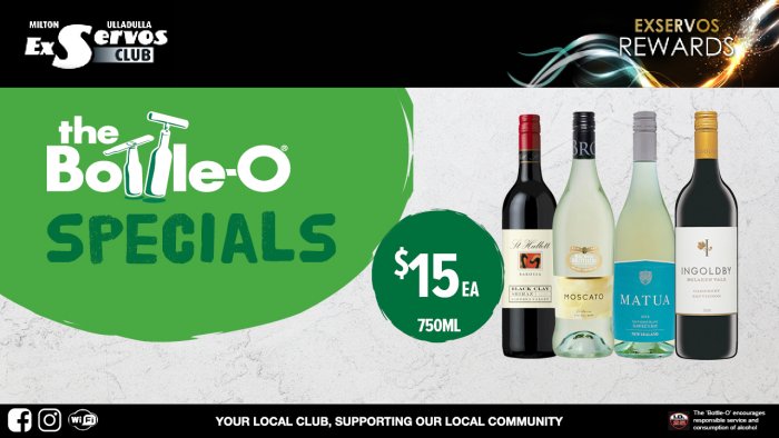 St Hallett Black Clay Shiraz, Brown Brothers Moscato, Matua Sauvignon Blanc or Ingoldby Cabernet Sauvignon