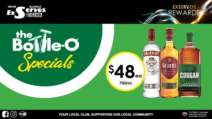 Smirnoff Vodka, Grant’s Scotch or Cougar Bourbon