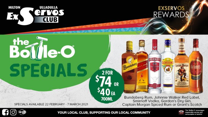 Bundaberg Rum, Johnnie Walker Red Label, Smirnoff Vodka, Gordon’s Dry Gin, Captain Morgan Spiced Rum or Grant’s Scotch
