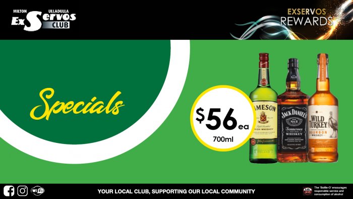 Jameson Irish Whiskey, Jack Daniel’s Black Label or Wild Turkey Bourbon Whiskey