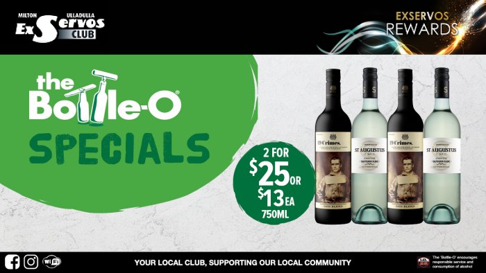 19 Crimes Shiraz or St Augustus Sauvignon Blanc