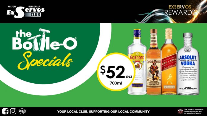 Gordon’s Dry Gin, Captain Morgan Spiced Rum, Johnnie Walker Red Label or Absolut Vodka