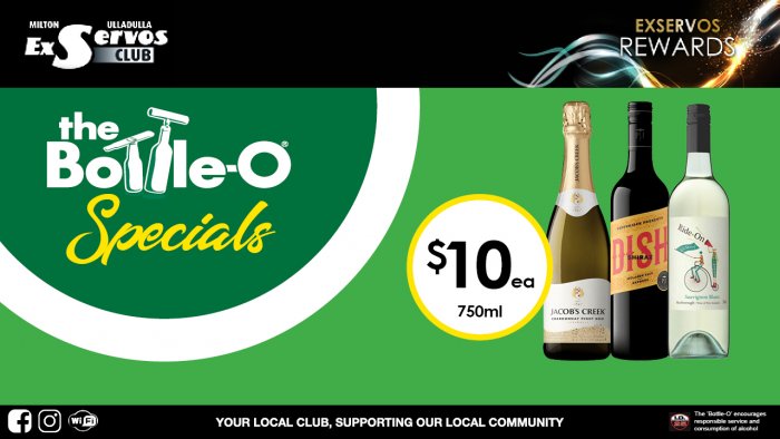 Jacob’s Creek Chardonnay Pinot Noir,  Pepperjack Dish Shiraz or Ride On Sauvignon Blanc 