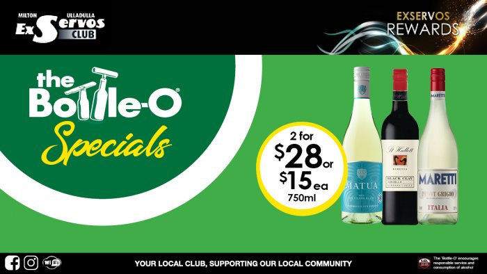 Matua Sauvignon Blanc, St Hallett Black Clay Shiraz or Maretti Italia Pinot Grigio