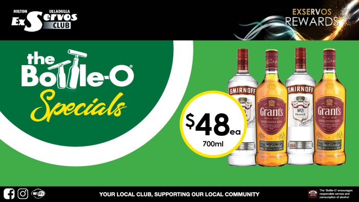 Smirnoff Vodka or Grant’s Scotch