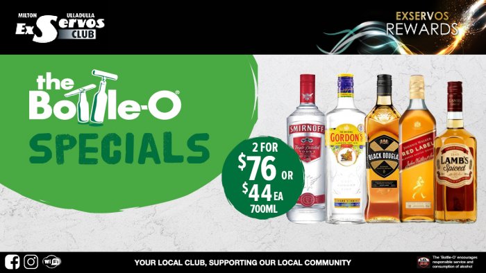 Smirnoff Vodka, Gordon’s Dry Gin, Black Douglas Scotch, Johnnie Walker Red Label or Lamb’s Spiced Rum