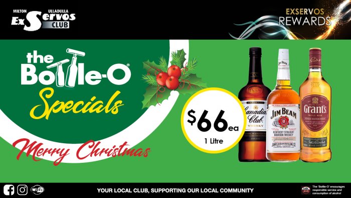 Canadian Club, Jim Beam  or Grant’s Scotch