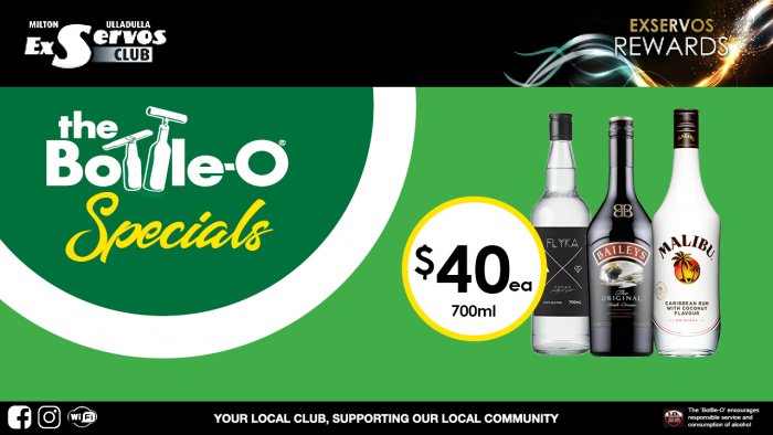 Flyka Vodka, Baileys Irish Cream  or Malibu Coconut Rum