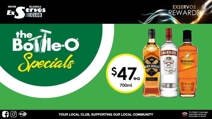 Black Douglas Scotch, Smirnoff  Vodka or Bundaberg Rum