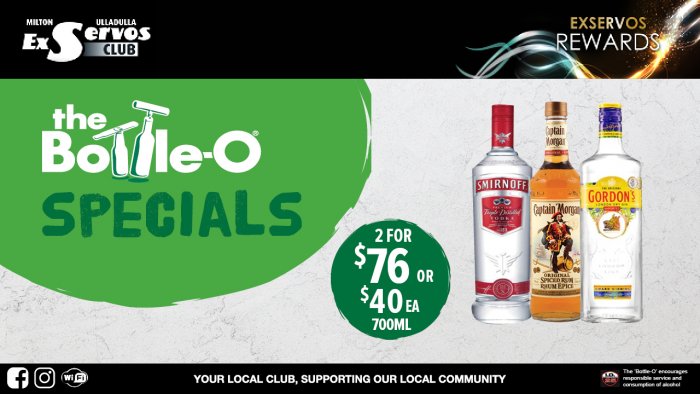 Smirnoff Vodka, Captain Morgan Spiced Rum or Gordon’s Dry Gin