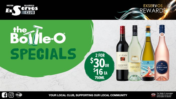 St Hallett Black Clay Shiraz, Brown Brothers Moscato Range, De Bortoli KV Prosecco or Jacob’s Creek LP Rose