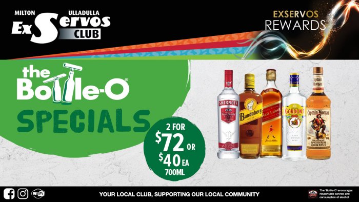 Smirnoff Vodka, Bundaberg Rum, Johnnie Walker Red Label, Gordon’s Gin or Captain Morgan Spiced Rum