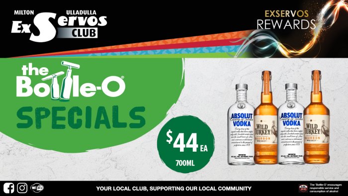 Absolut Vodka or Wild Turkey Bourbon Whiskey