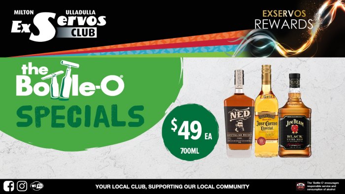 Ned Australian Whisky, Jose Cuervo Especial Tequila or Jim Beam Black
