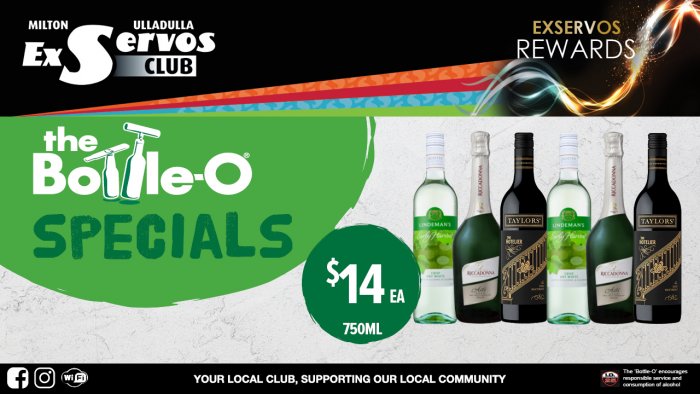 Lindemans Early Harvest Dry White, Riccadonna Prosecco or Taylor’s Hotelier Shiraz