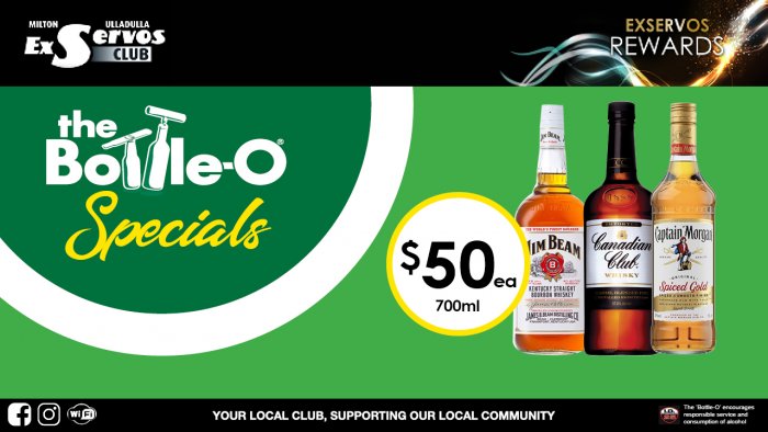 Jim Beam Bourbon, Canadian Club  or Captain Morgan Spiced Rum