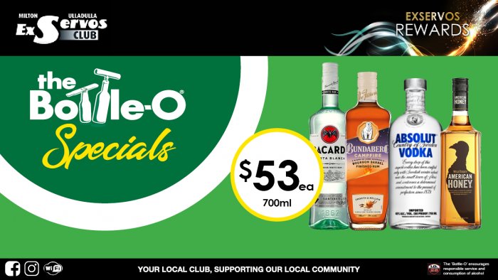 Barcardi, Bundaberg Campfire Bourbon, Absolut Vodka or Wild Turkey American Honey