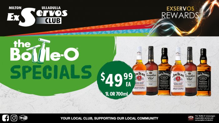 Jim Beam White Label (1L), Canadian Club (1L) or Jack Daniels Black Label (700ml)