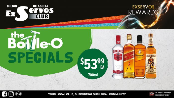 Smirnoff Vodka, Johnnie Walker Red Label, Bundaberg Rum UP or Captain Morgan Spiced Rum