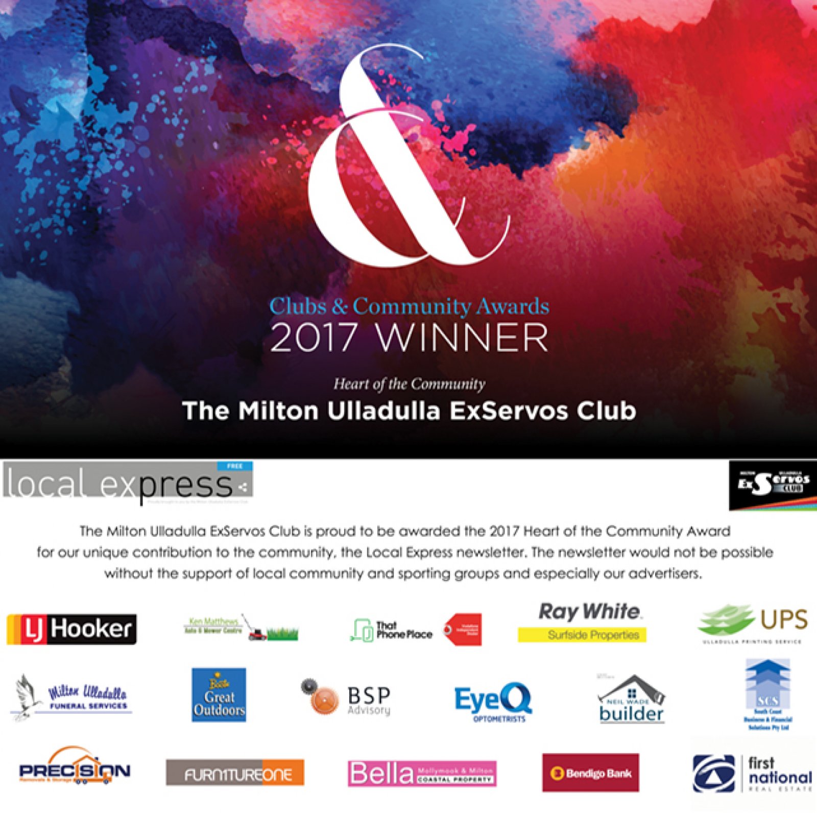 The Milton Ulladulla ExServos is excited to be the 2017 winner of the Heart of the Community Award